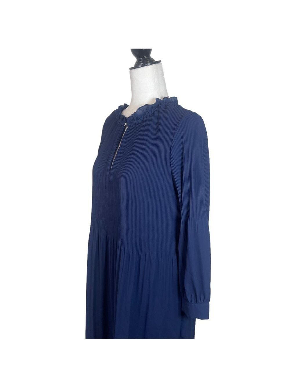 Halston Blue High Neck Keyhole Pleated Ling Sleeved Stretch MIDI Dress S… - Picture 9 of 16